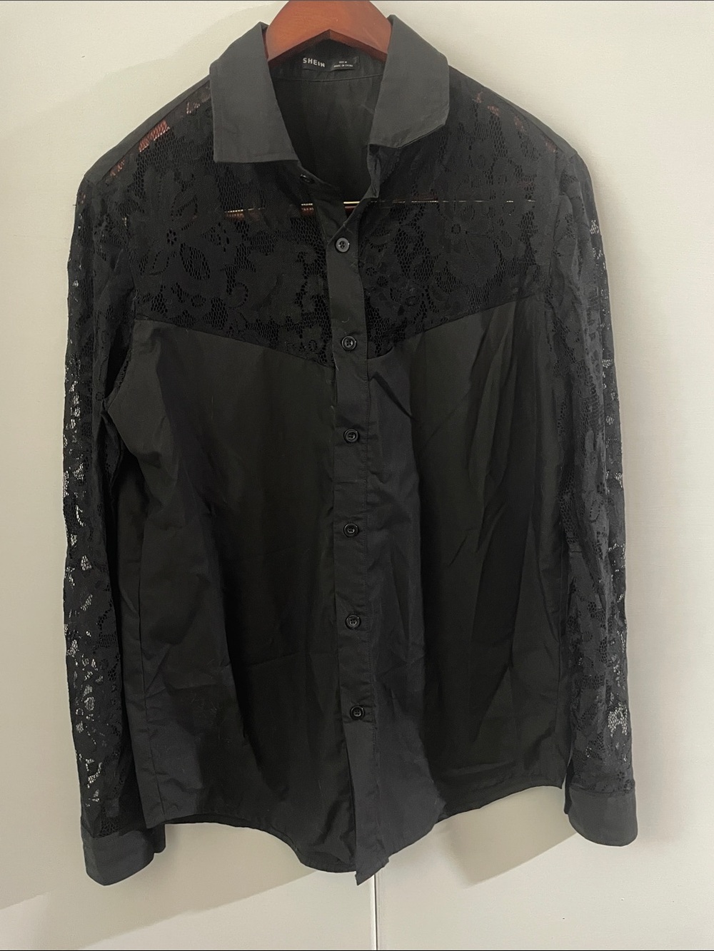 SHEIN Black Lace-Panel Button-Up Shirt